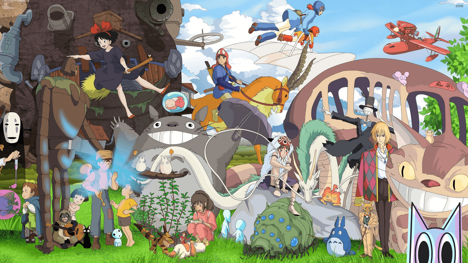 Personagens icônicos do Studio Ghibli, como Totoro, Chihiro e Mononoke, reunidos em uma montagem sobre onde assistir aos filmes.