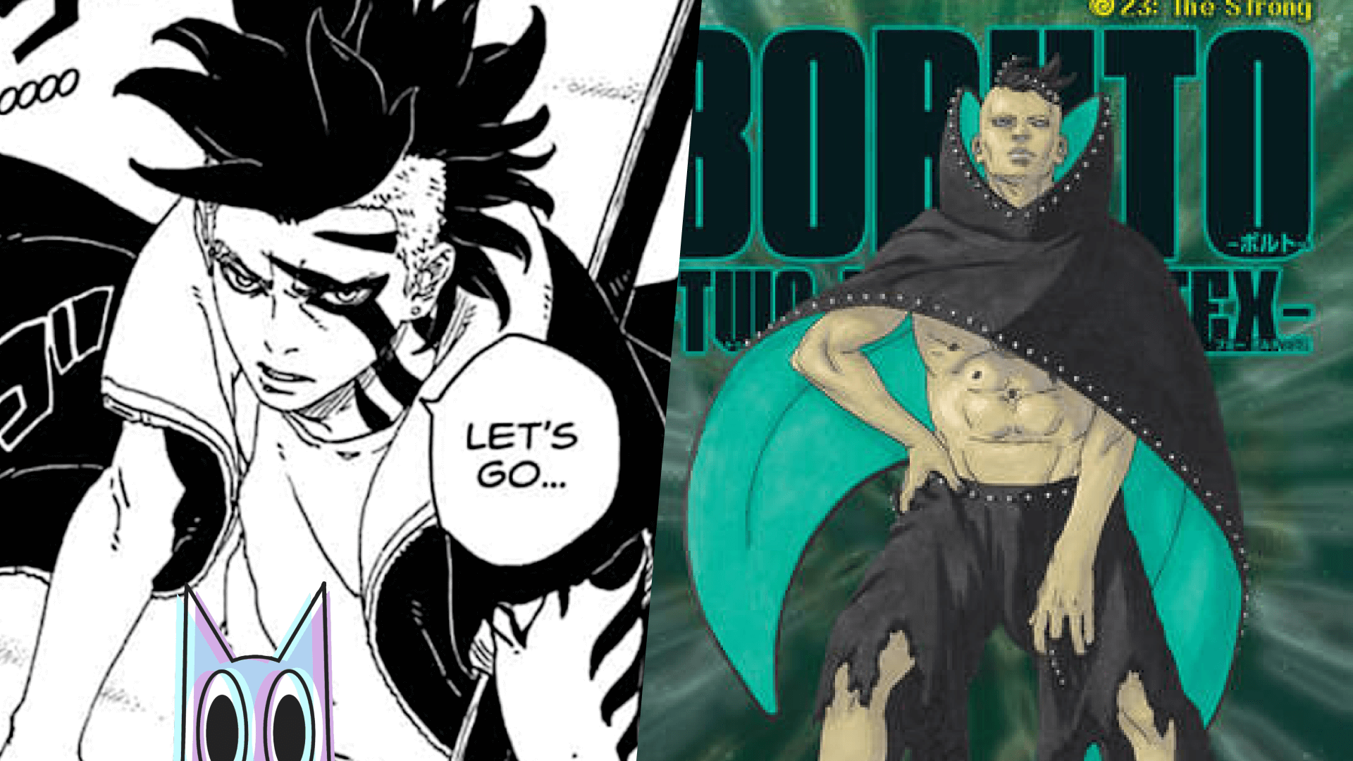 Kawaki ativando seu Karma em pose de batalha no capítulo 23 de e capa de capitulo Boruto: Two Blue Vortex.