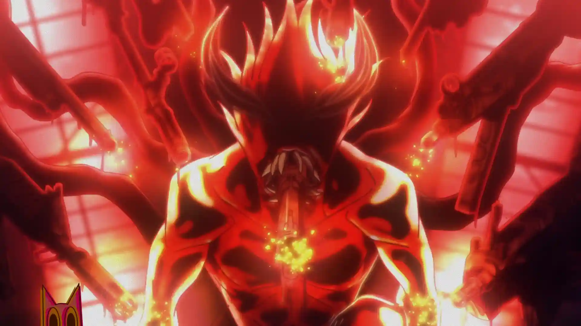 Shiki Ichinose em seu modo berserk, disparando fogo por suas armas, em um guia de lore de Tougen Anki.
