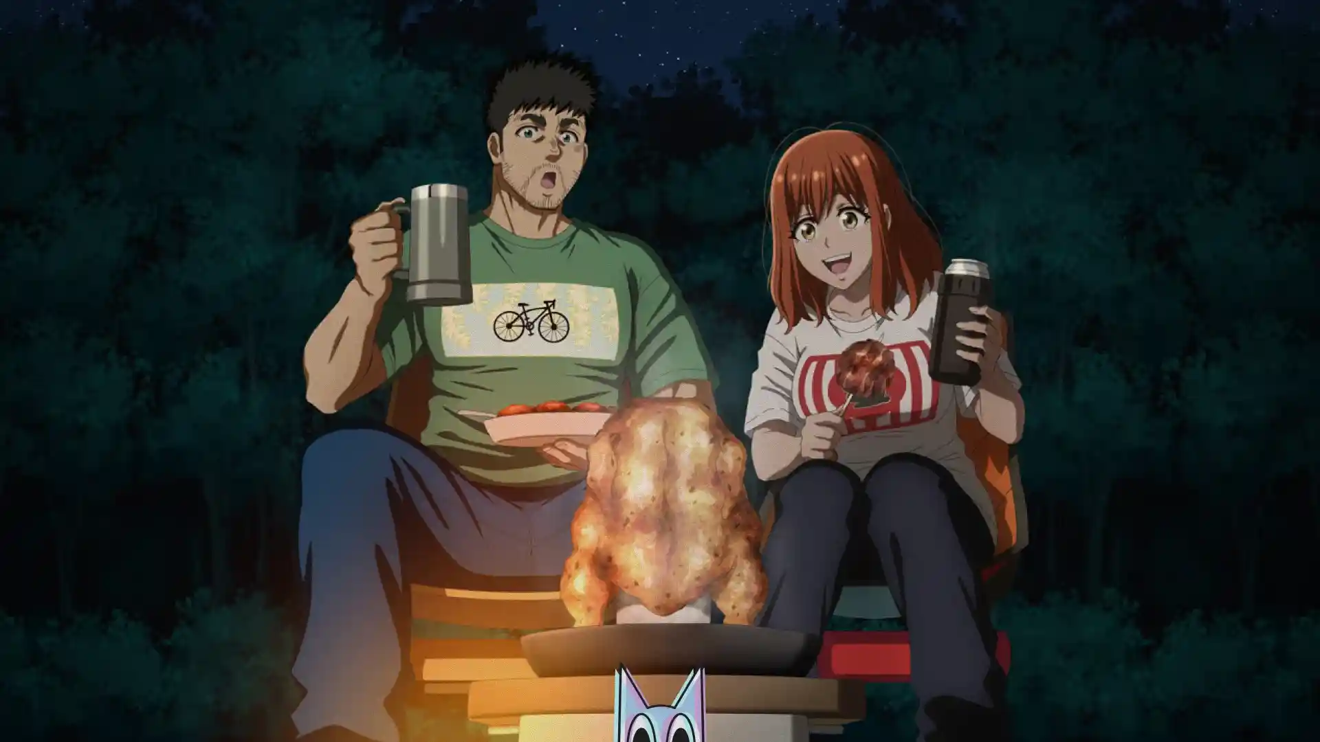 Os protagonistas Gen e Nao acampando perto de uma fogueira, em um guia de onde assistir ao anime Solo Camping for Two.