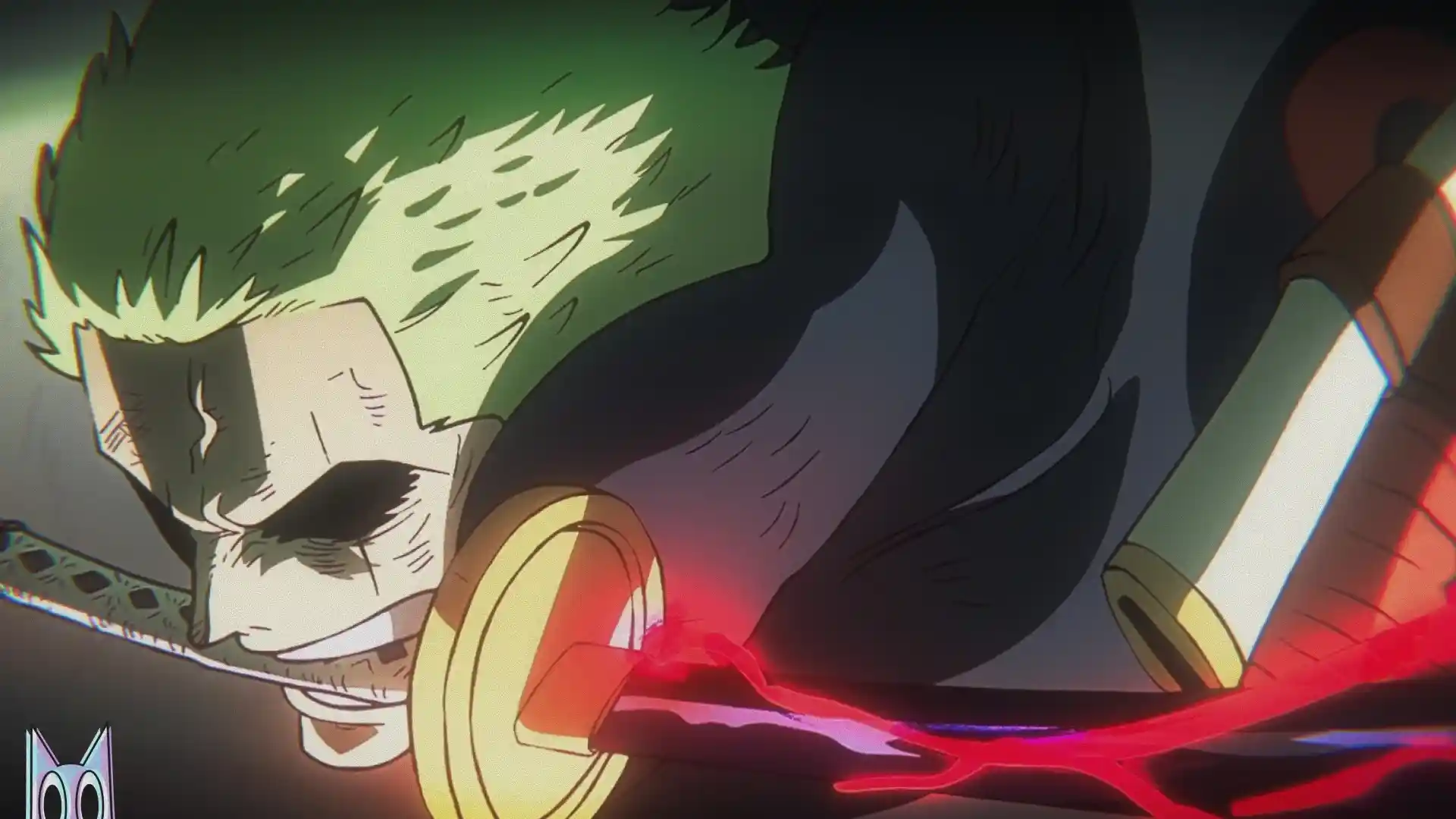 Zoro no eposódio 1144, logo após cortar lucci, com sua espada fluindo Haki, celebrando o recorde.