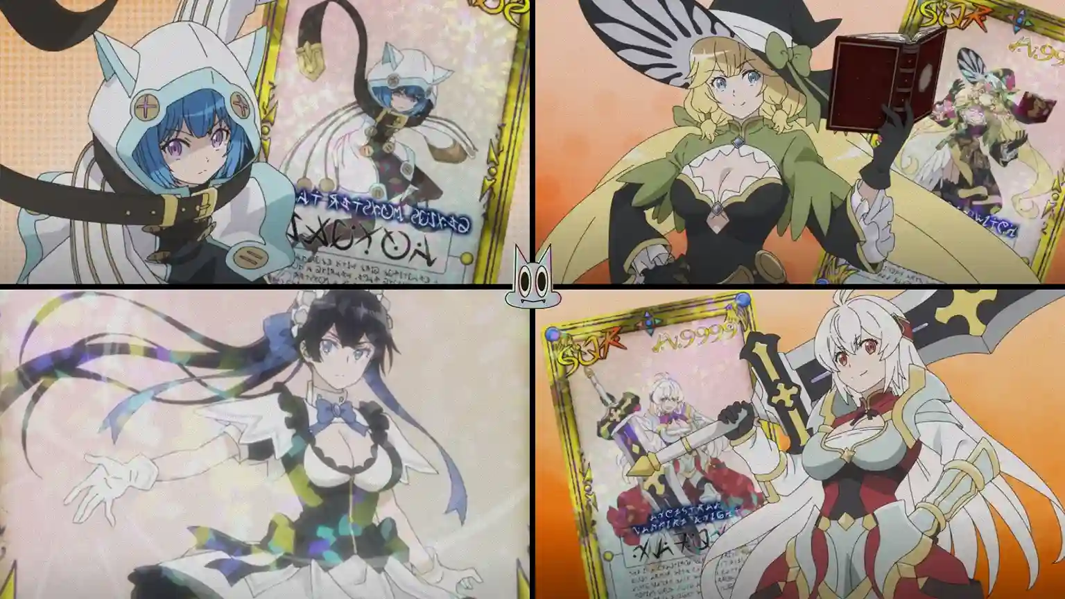 Montagem com as 4 aliadas SUR mais fortes de Light: Mei, Nazuna, Ellie e Aoyuki, do anime My Gift Lvl 9999 Unlimited Gacha.