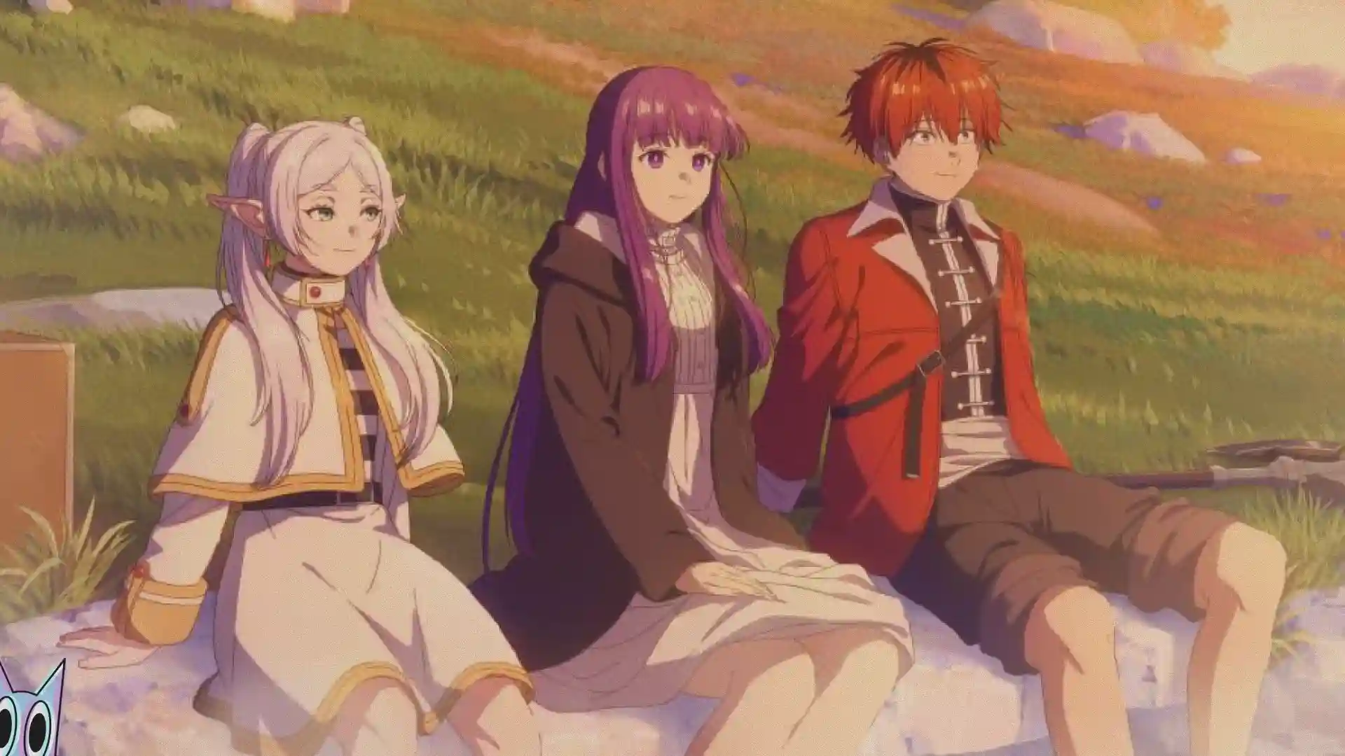 Frieren, Fern e Stark, setados na beira do rio na 2ª temporada.