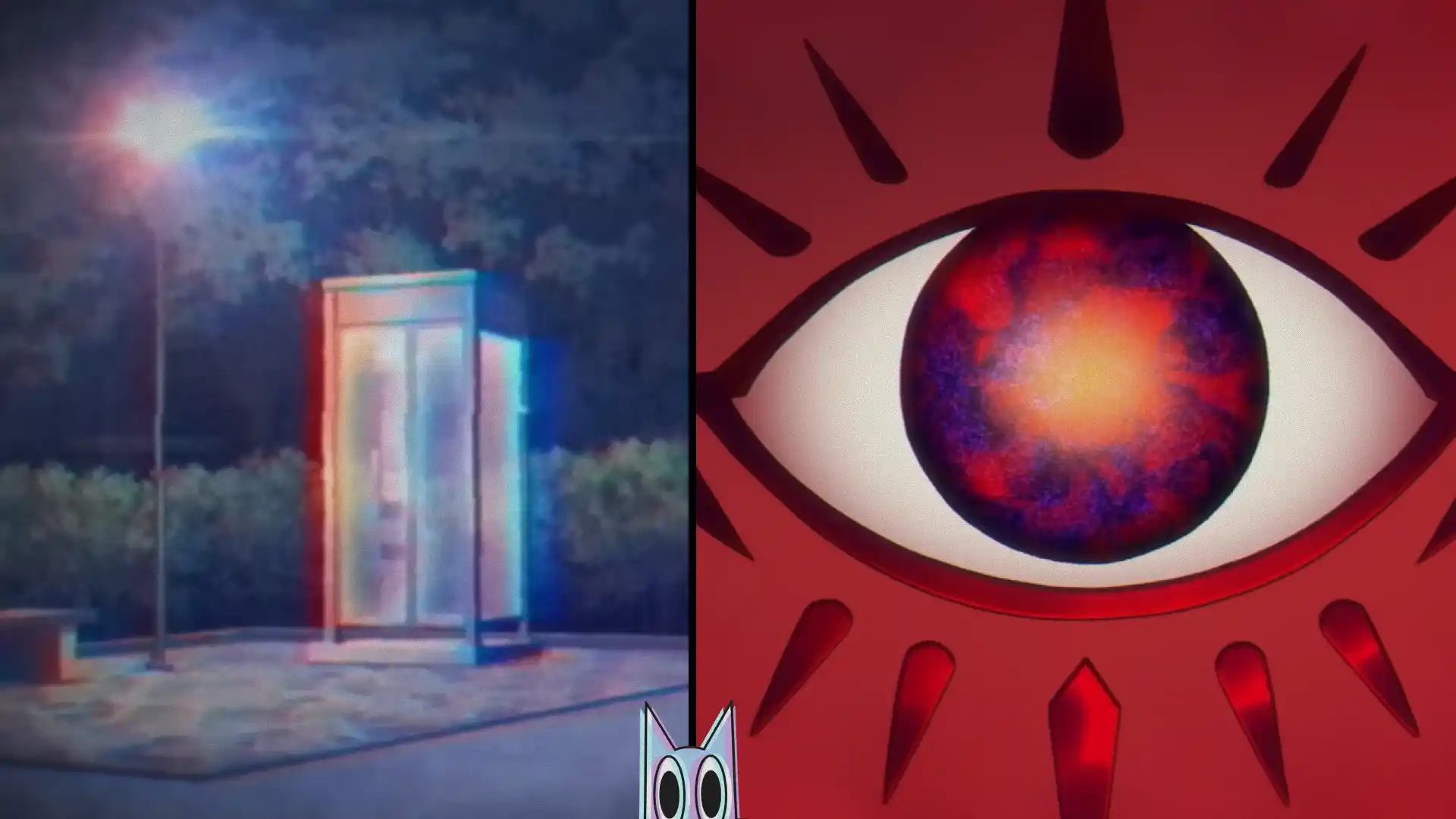 Telefone público com o cartão vermelho de Psyren em primeiro plano e as ruínas do futuro ao fundo.