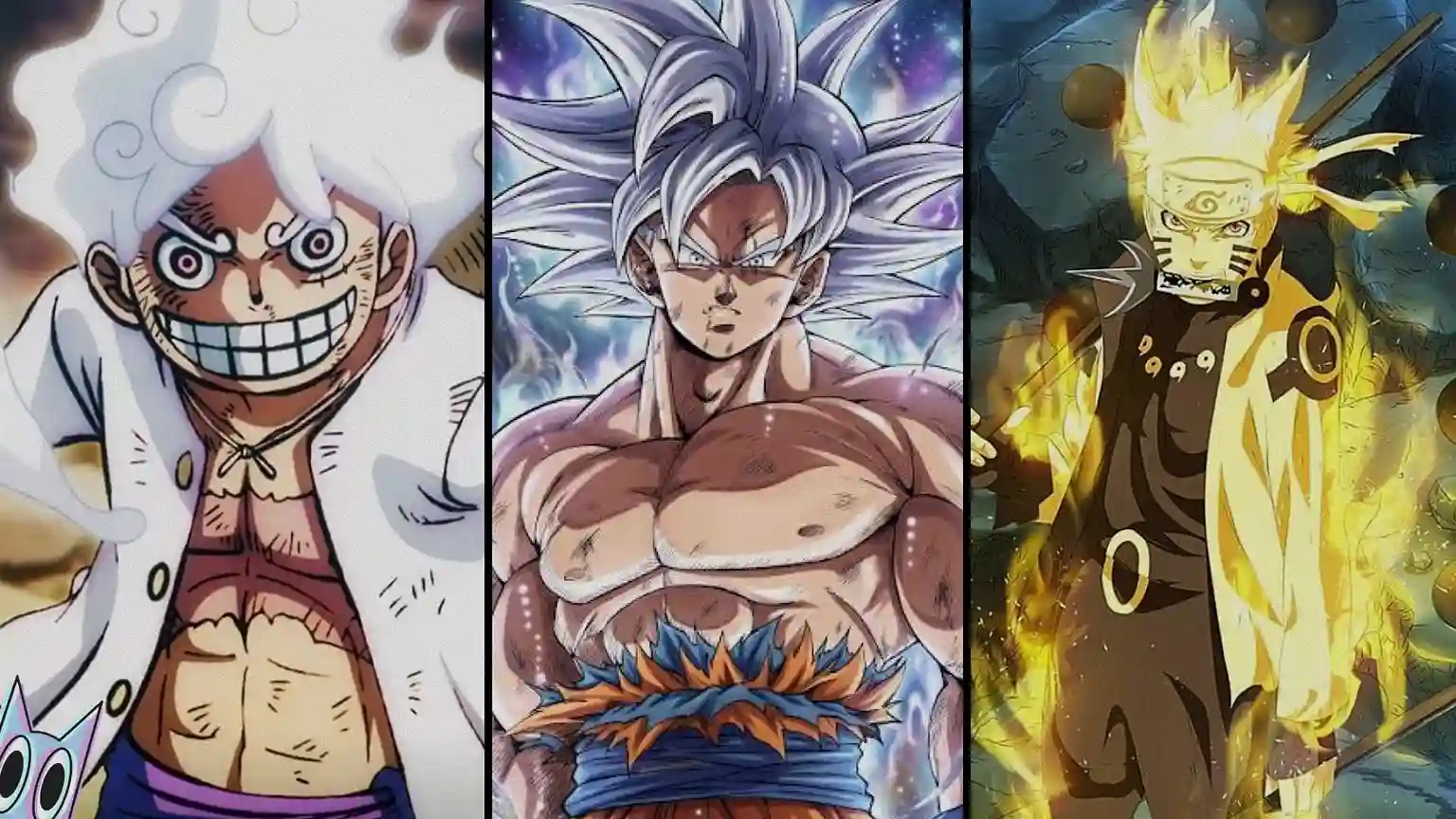 Luffy, Goku e Naruto, ilustrando um glossário de animes.'