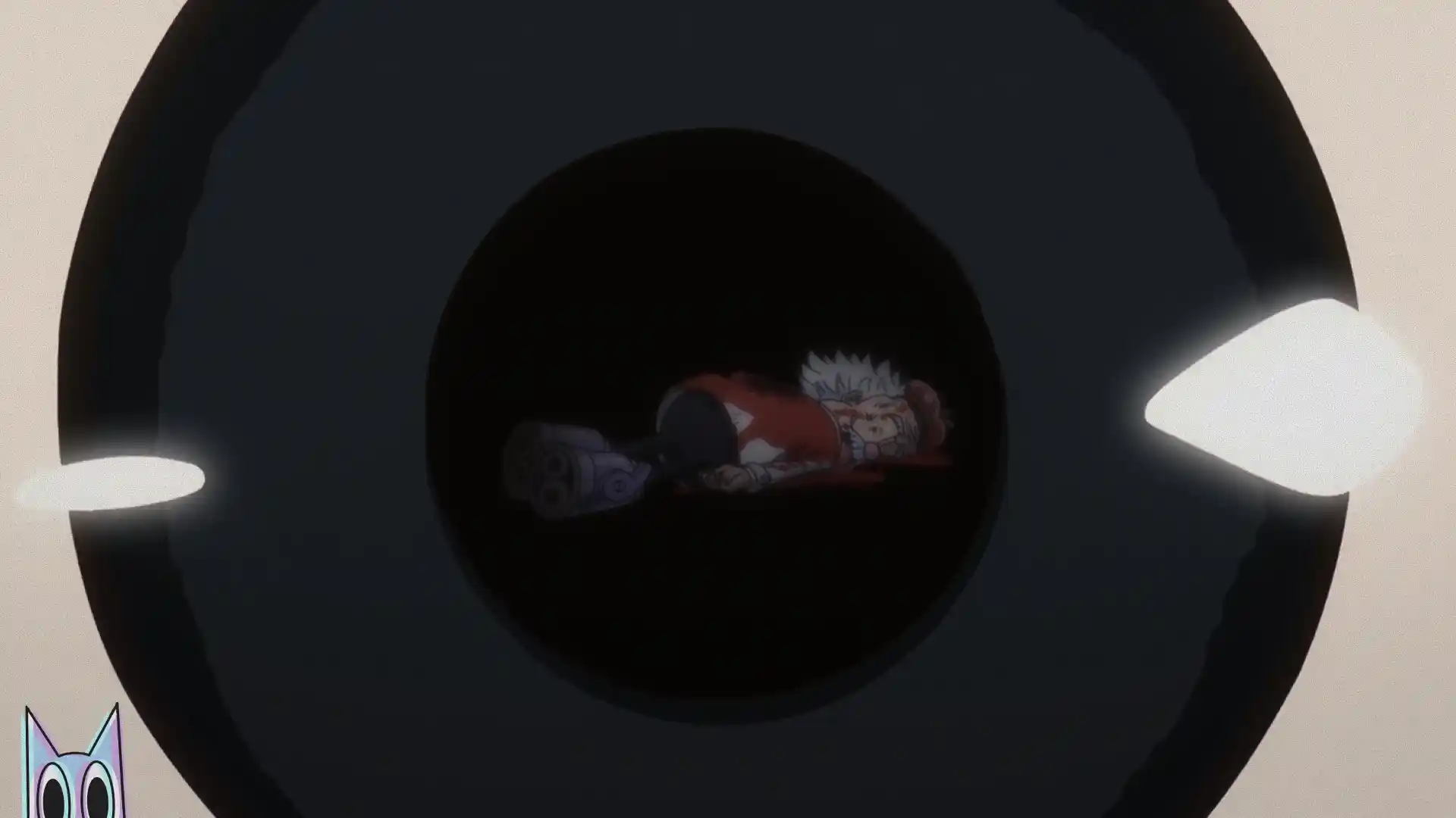 Reflexo nos olhos de Kizaru do corpo de Vegapunk caido sangrando, representando as mortes marcantes do arco de Egghead em One Piece.