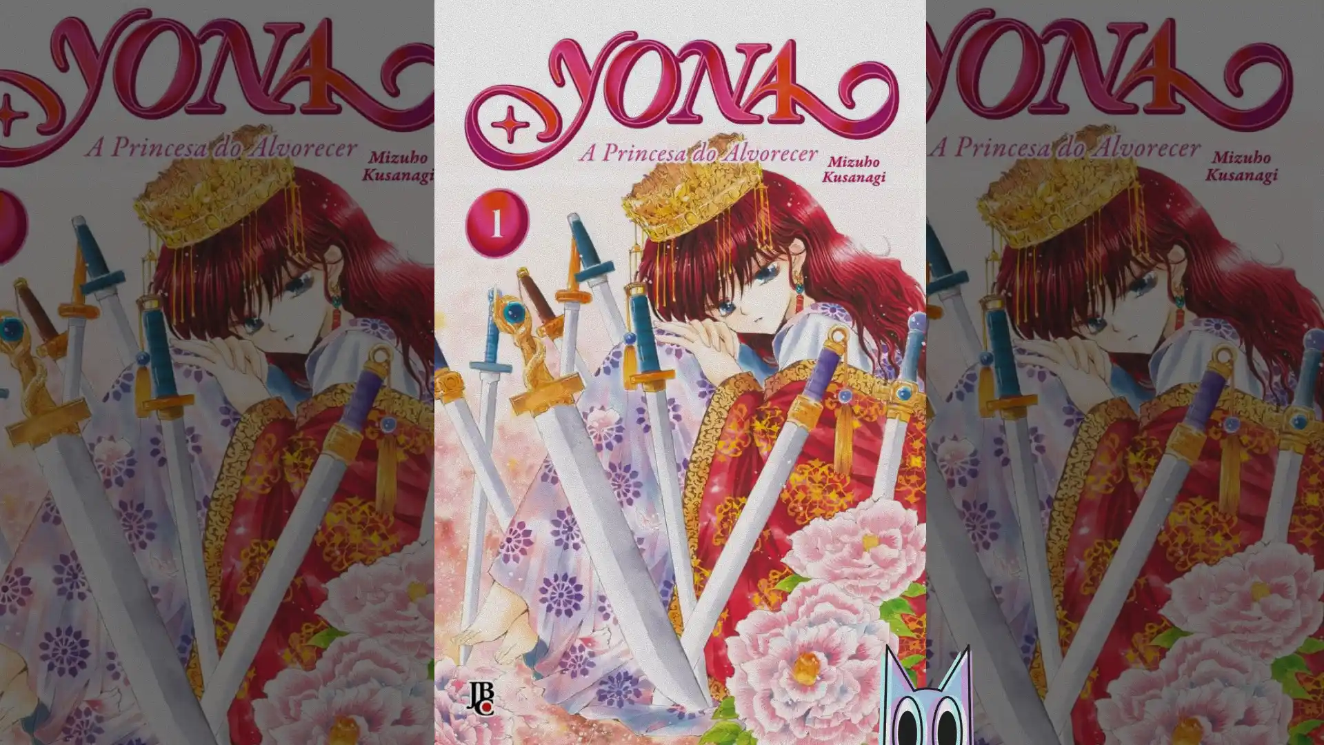 A protagonista Yona com os quatro dragões ao fundo, em uma arte de despedida do mangá Yona of the Dawn.