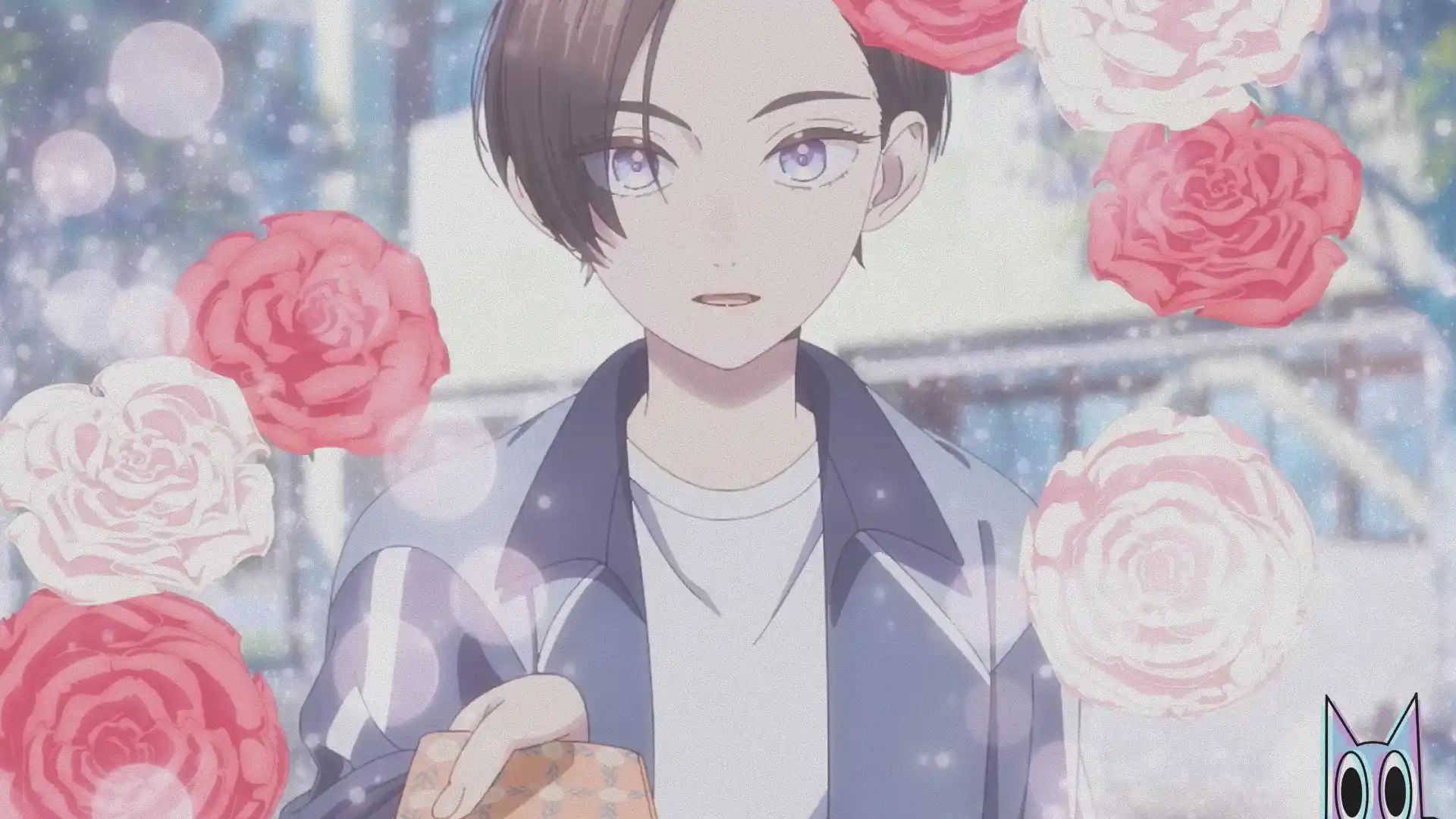 Arte promocional do anime In the Clear Moonlit Dusk, mostrando os protagonistas Yoi e Ichimura-senpai.