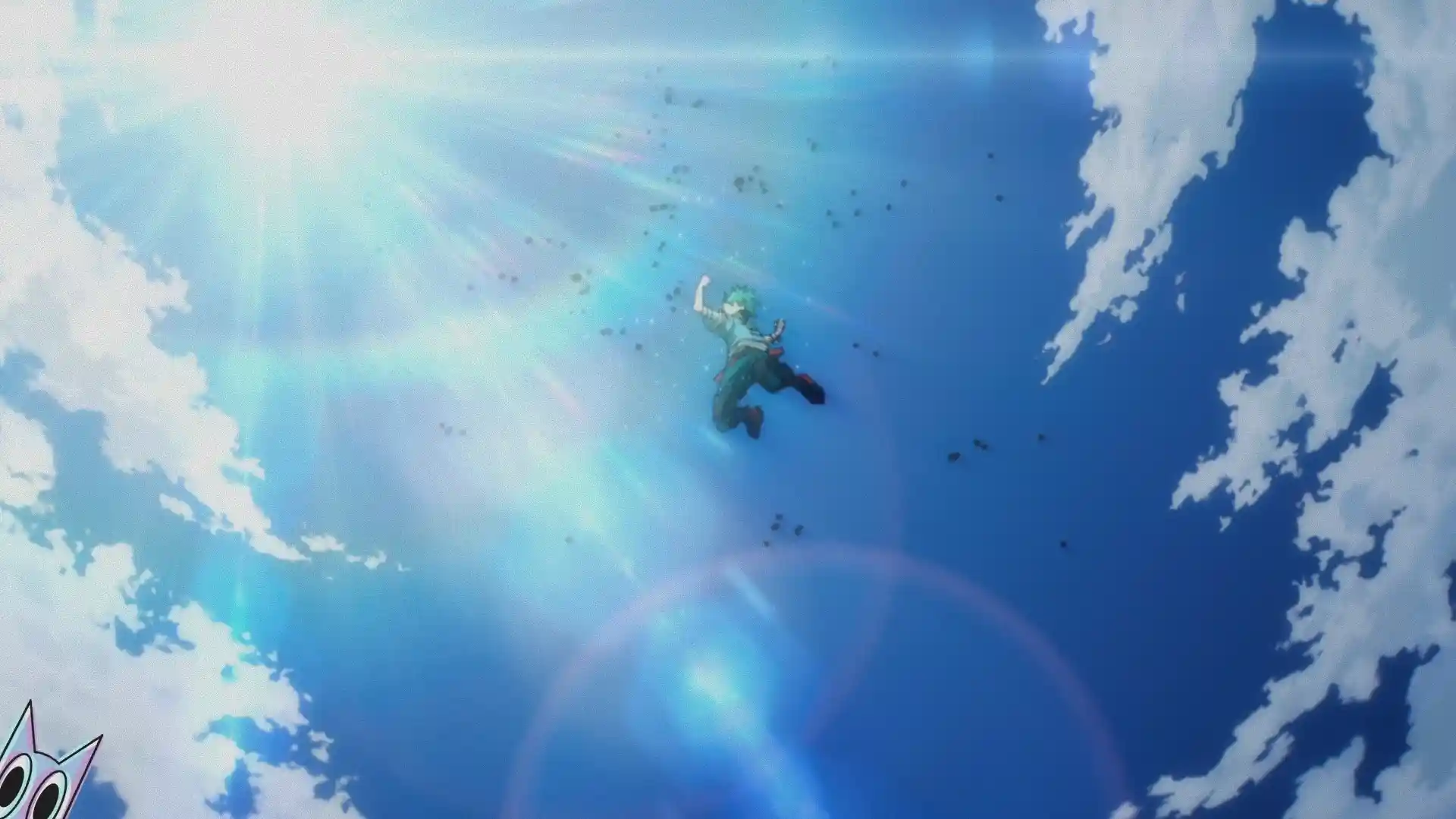 Deku com o punho erguido sob um céu azul límpido, na cena final do episódio recordista de My Hero Academia.