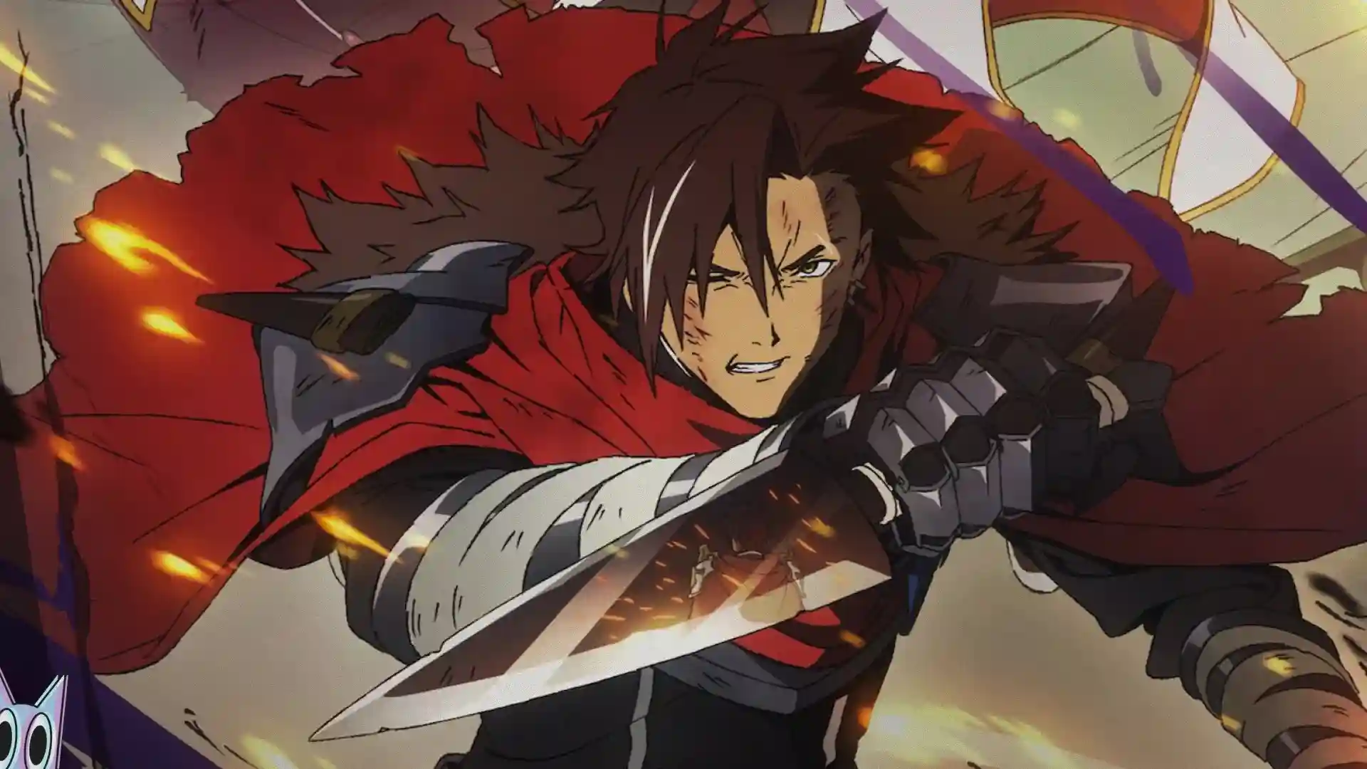 Close no rosto de Xylo Forbartz com sua adaga brilhando, em Sentenced to Be a Hero.