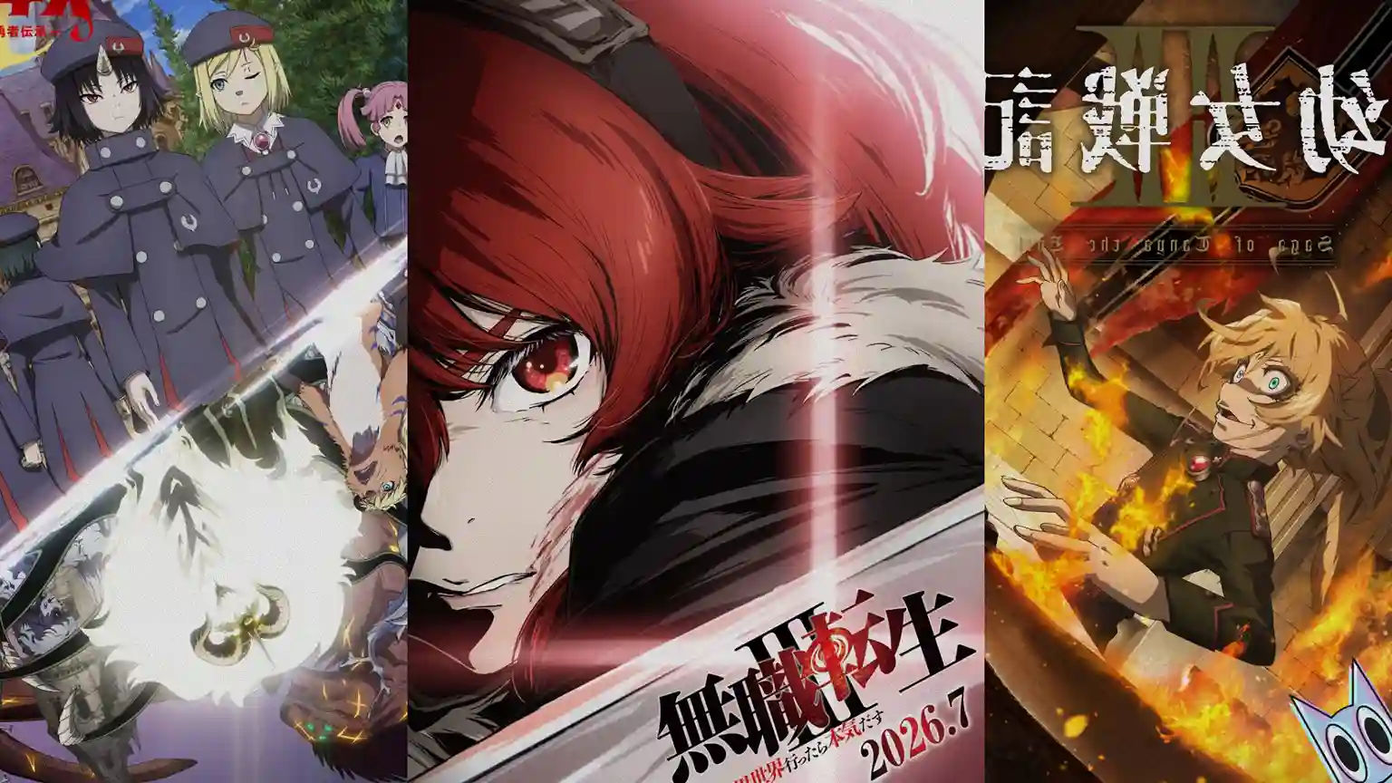 Clevatess, Eris e Tanya, representando as estreias da temporada de animes de verão de 2026.