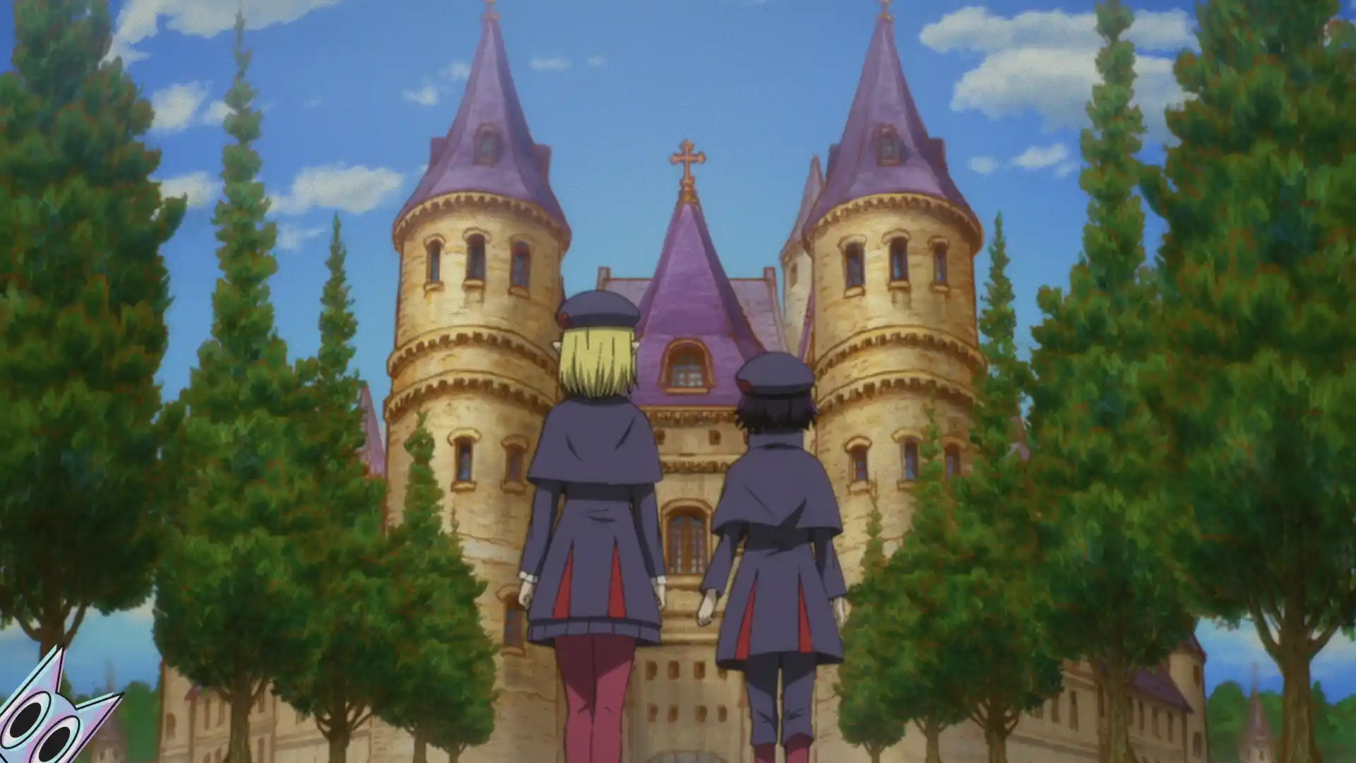 Visão externa imponente da Academia Teológica de Solsein, com Alicia e Klen observando a estrutura no anime Clevatess.