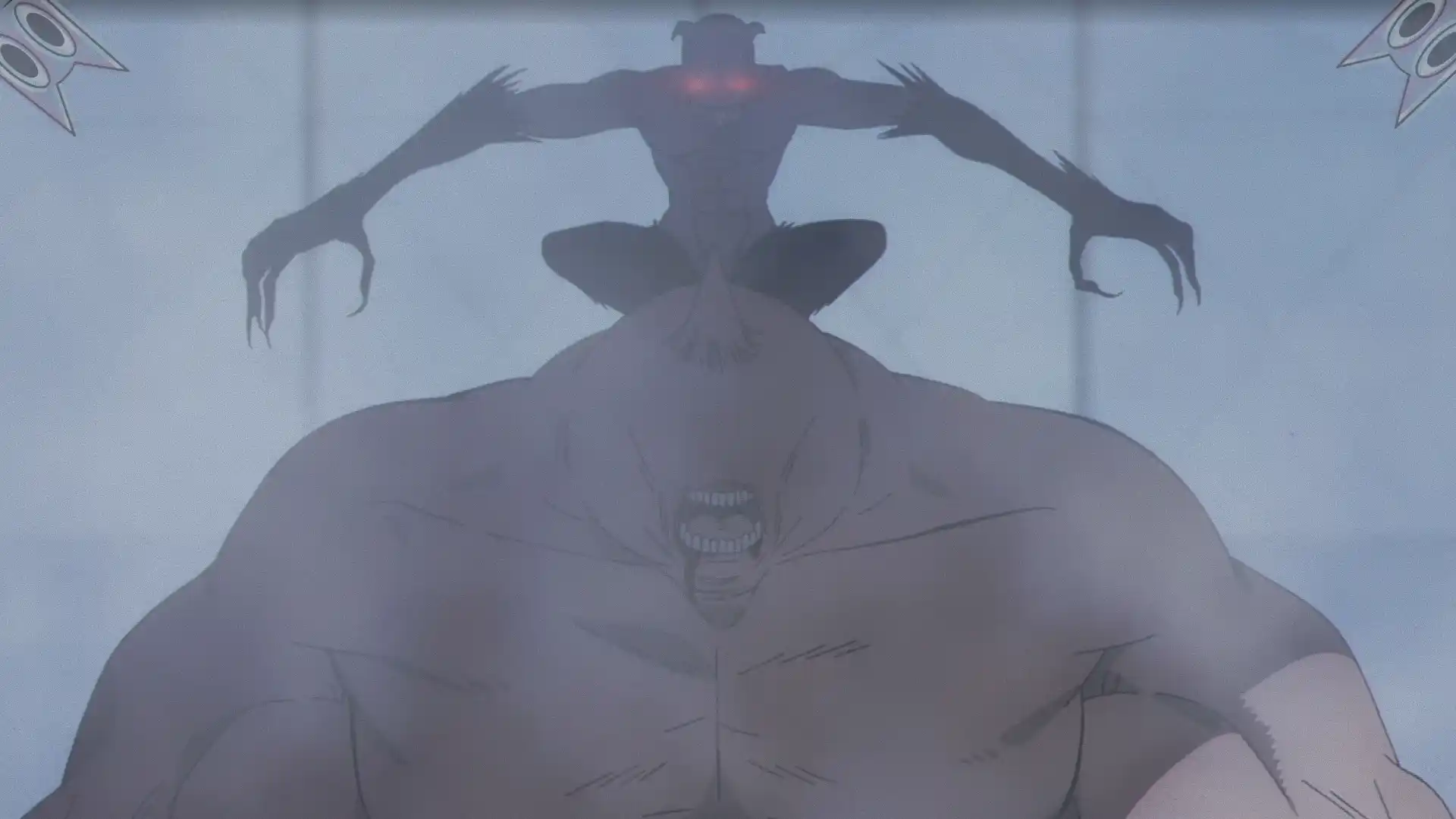 A aura sombria e ameaçadora de um Mononoke manifestando seus poderes no anime Black Torch.