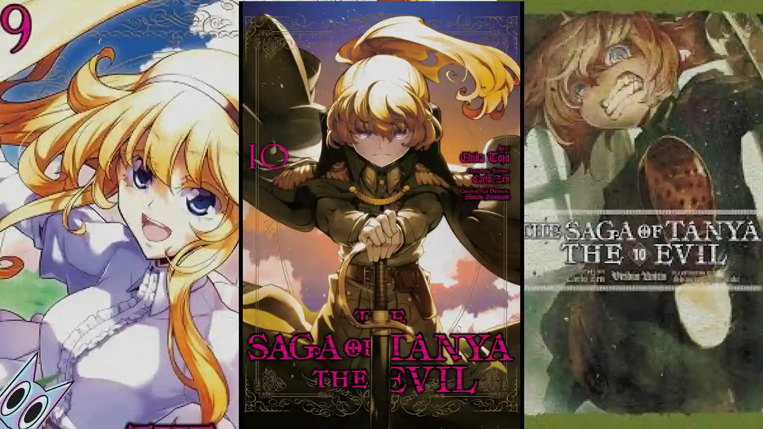 Volumes da light novel de Saga of Tanya the Evil enfileirados, ilustrando por onde continuar a leitura.