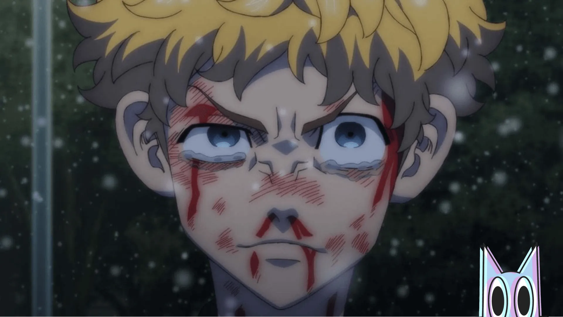 Takemichi Hanagaki ferido e chorando sob a neve, em cena do anime Tokyo Revengers.
