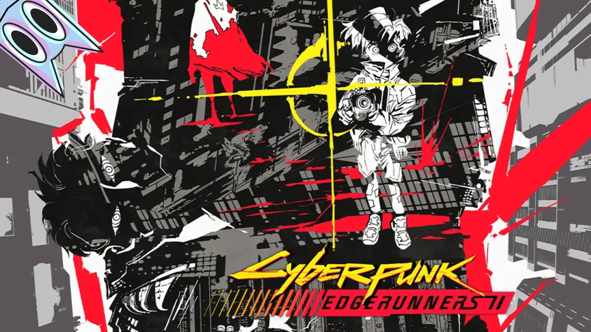 Pôster de anúncio de Cyberpunk: Edgerunners 2, com personagens em preto, vermelho e amarelo sobre os prédios de Night City.
