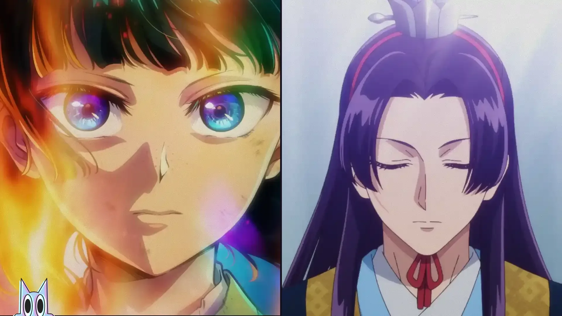 Maomao em close, iluminada por chamas, à esquerda, e Jinshi de olhos fechados em trajes da corte, à direita, em cenas do anime Diários de uma Apotecária.