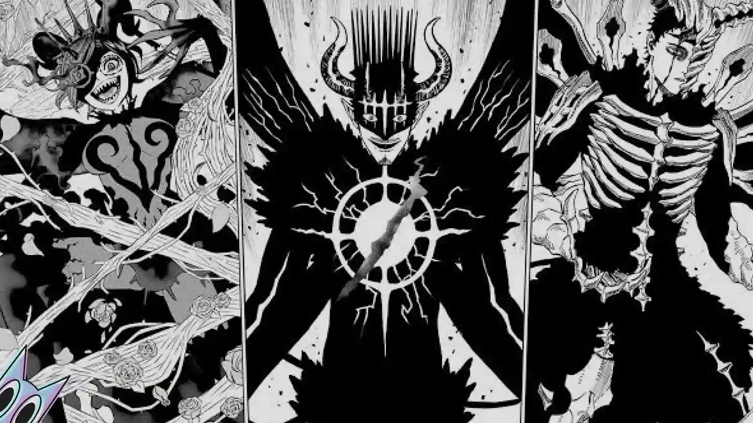 Asta na forma demoníaca, com chifres, asas de sombra e marcas vermelhas pelo corpo, em arte de Black Clover.