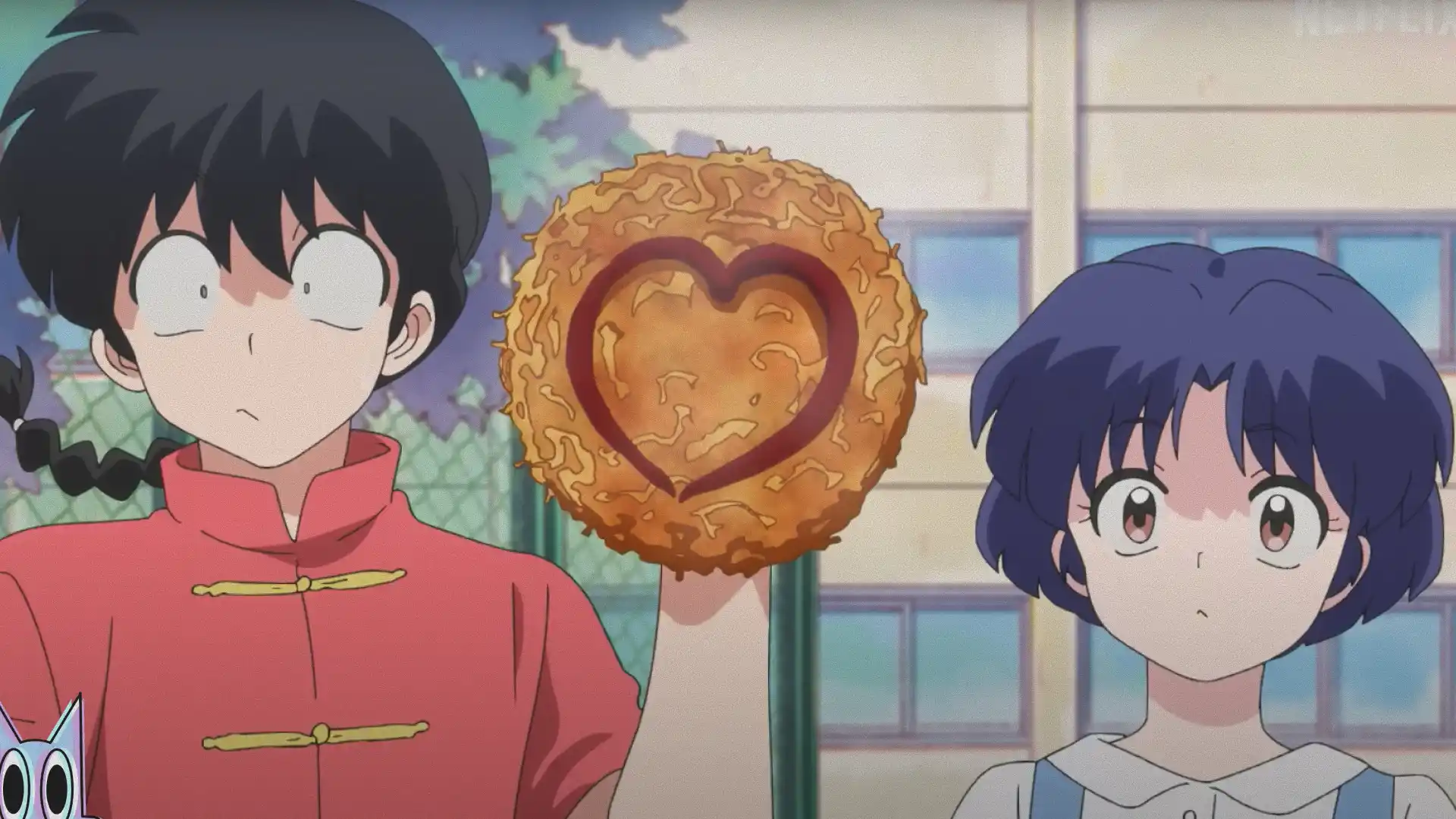 Ranma e Akane olham espantados para um okonomiyaki com um coração desenhado, em cena do remake de Ranma 1/2.