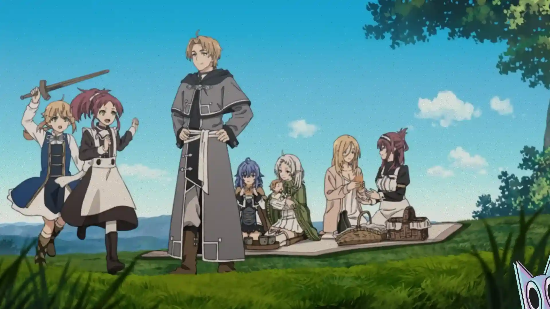 Rudeus, Roxy, Sylphie com toda a família, em cena de Mushoku Tensei.